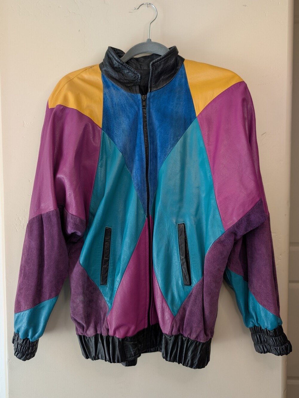 Vintage 80s Caché Geometric Colorblock Leather Suede Bomber Jacket Size M